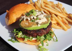 Avocado Burger with Fried Pickles and French Fries