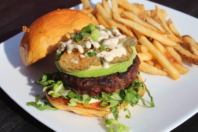 Avocado Burger with Fried Pickles and French Fries